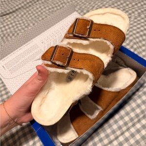 Birkenstock Tan Shearling-Lined Sandals